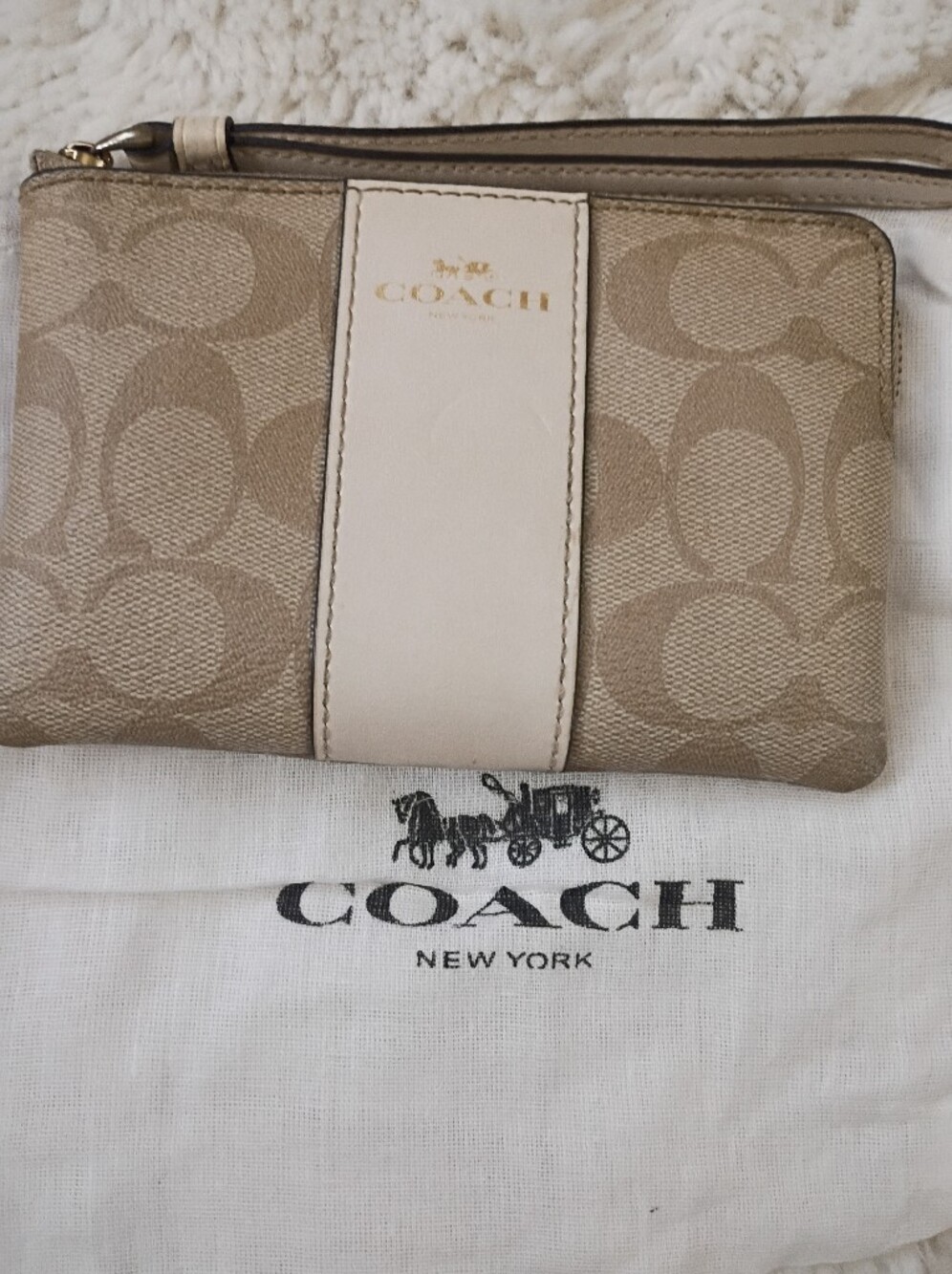 Coach Beige Signature Canvas Wristlet with Light Cream Center Stripe